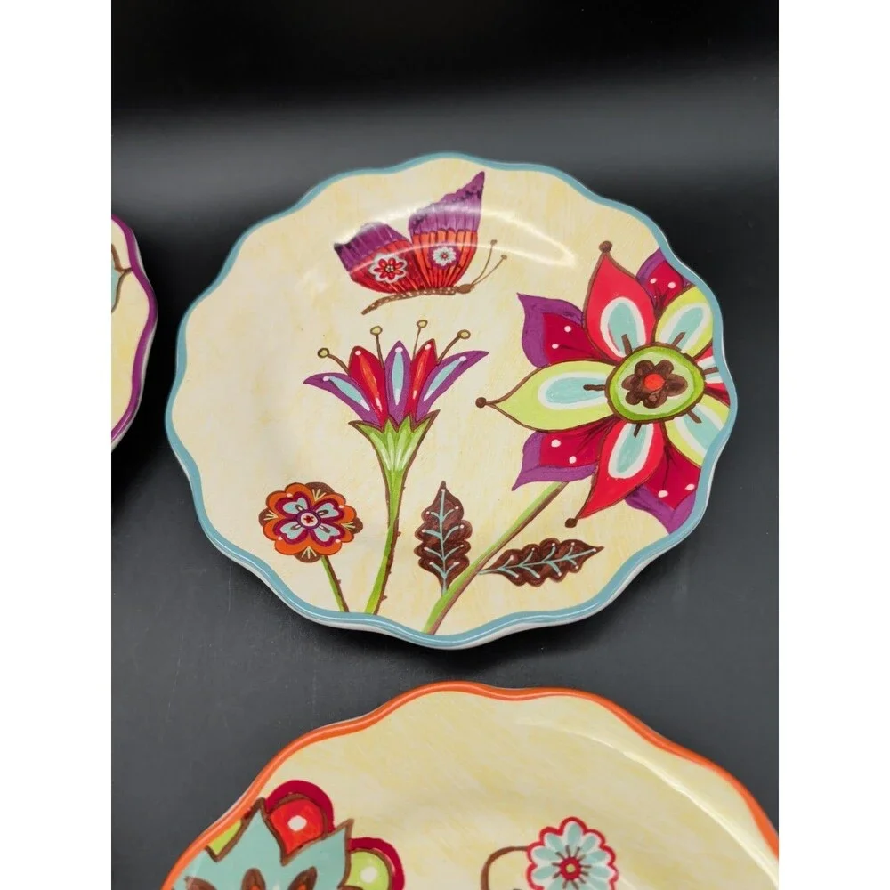 Cracker Barrel Floral Stitch Work Salad Plates Set Of 4 Scalloped Lori Siebert